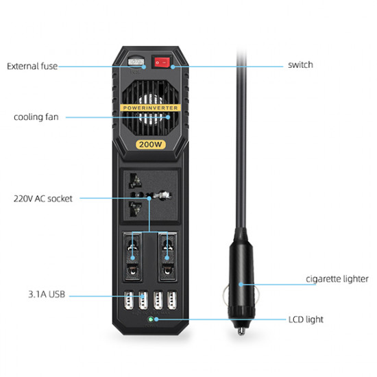 200W Car Power Inverter, DC 12V/24V to 220V AC